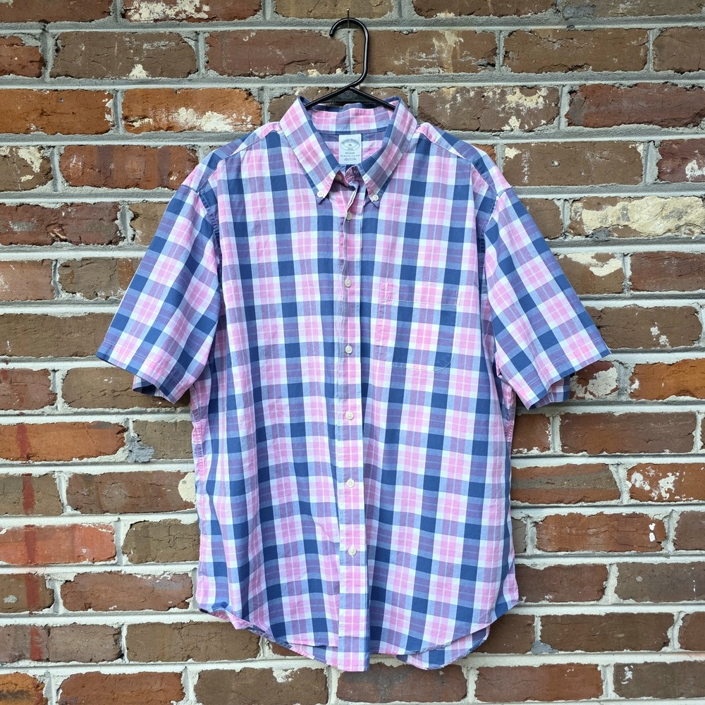 Brooks Brothers Regent Button Down Shirt Size XL Pink Blue Plaid Short Sleeve